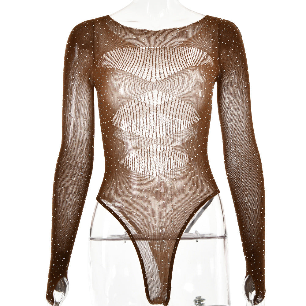Women's High Elastic Knitted Sheer Long Sleeve Hollow Rhinestone Jumpsuit