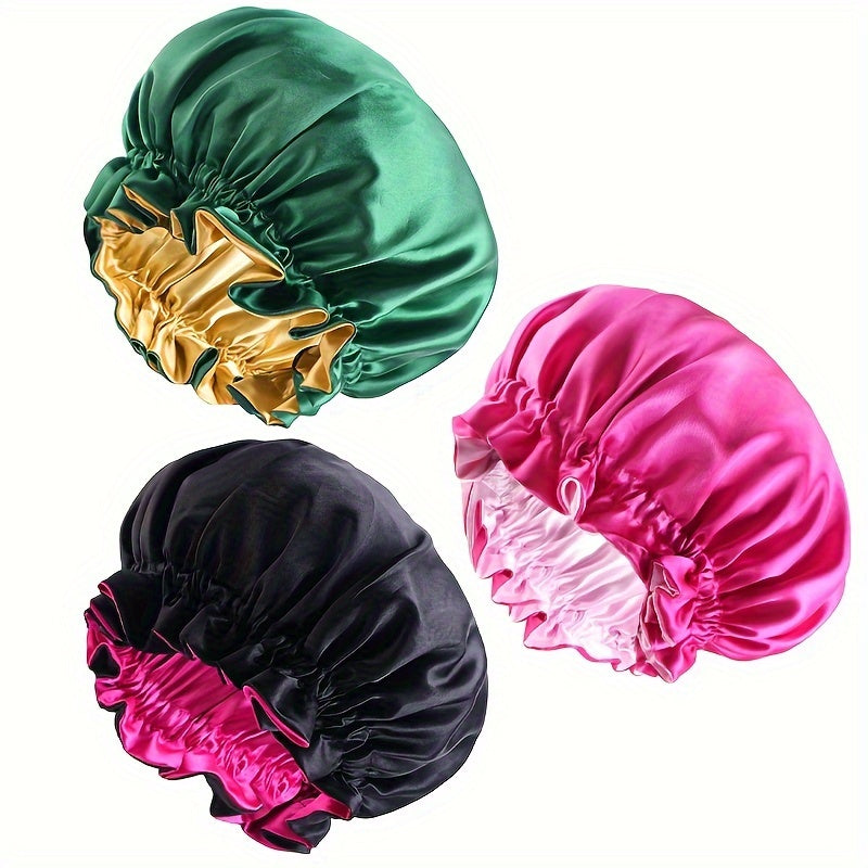 3pcs Set: Luxurious Double-Layer Lace Sleep Cap, Makeup & Shower Hat - Soft Polyester Silk-Like Hair Care Bonnet