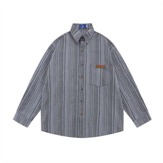 Retro Fine Plaid Striped Long Sleeve Shirt Loose Casual Japanese Workwear Tops