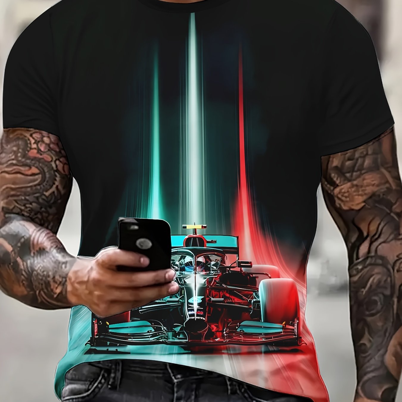 Men's Novelty 3D Race Car Digital Print T-Shirt – Short Sleeve, Polyester, Crew Neck, Regular Fit
