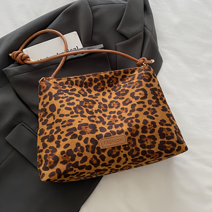 Faux Leather Leopard Print Tote Bag with Wrist Strap, Zipper Closure, Polyester Lining - Trendy Shoulder Handbag for Women