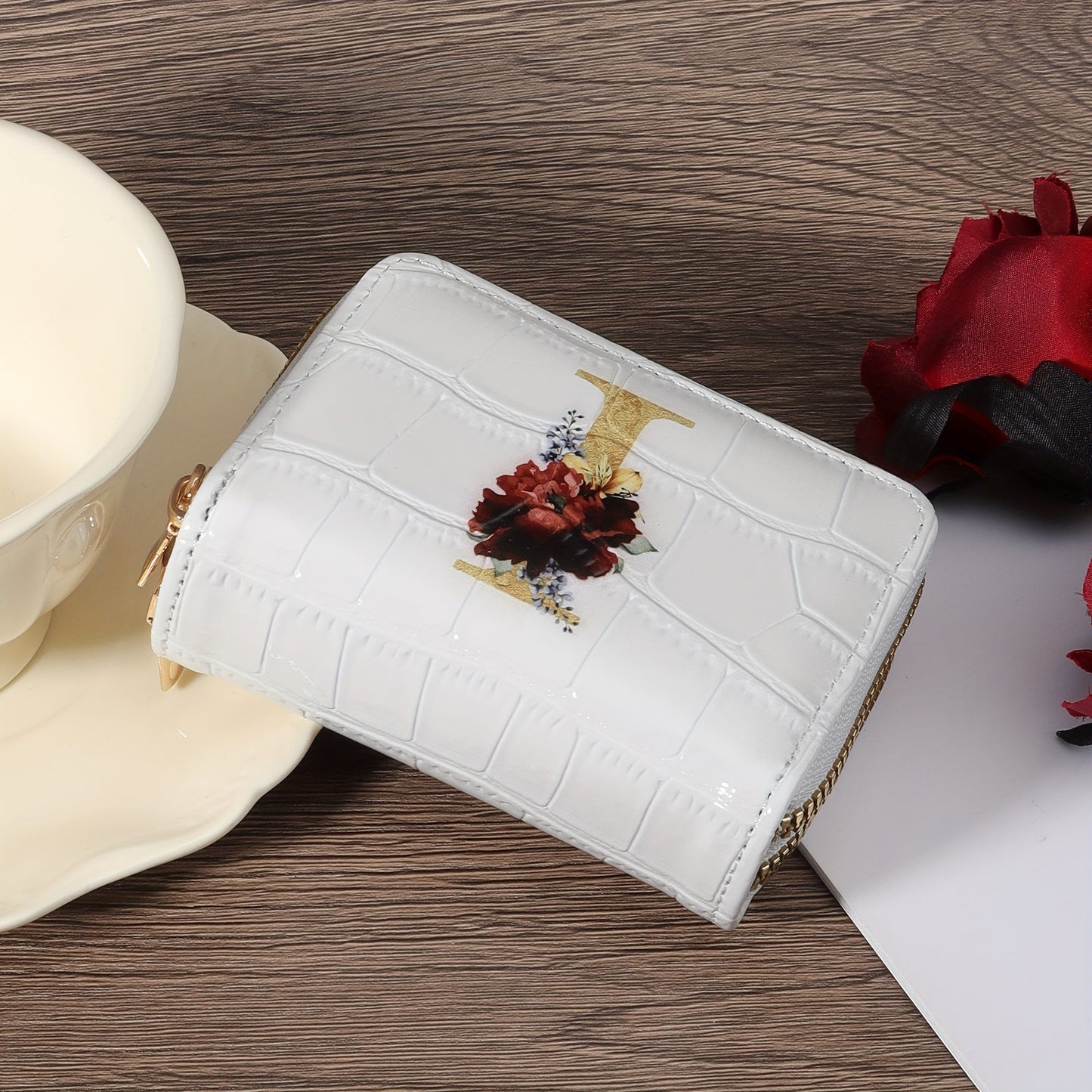 Floral Letter Pattern Credit Card Holder Small Business Card Case For Women Or Men Accordion Wallet With Zipper