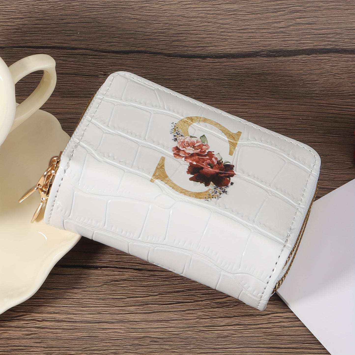 Floral Letter Pattern Credit Card Holder Small Business Card Case For Women Or Men Accordion Wallet With Zipper