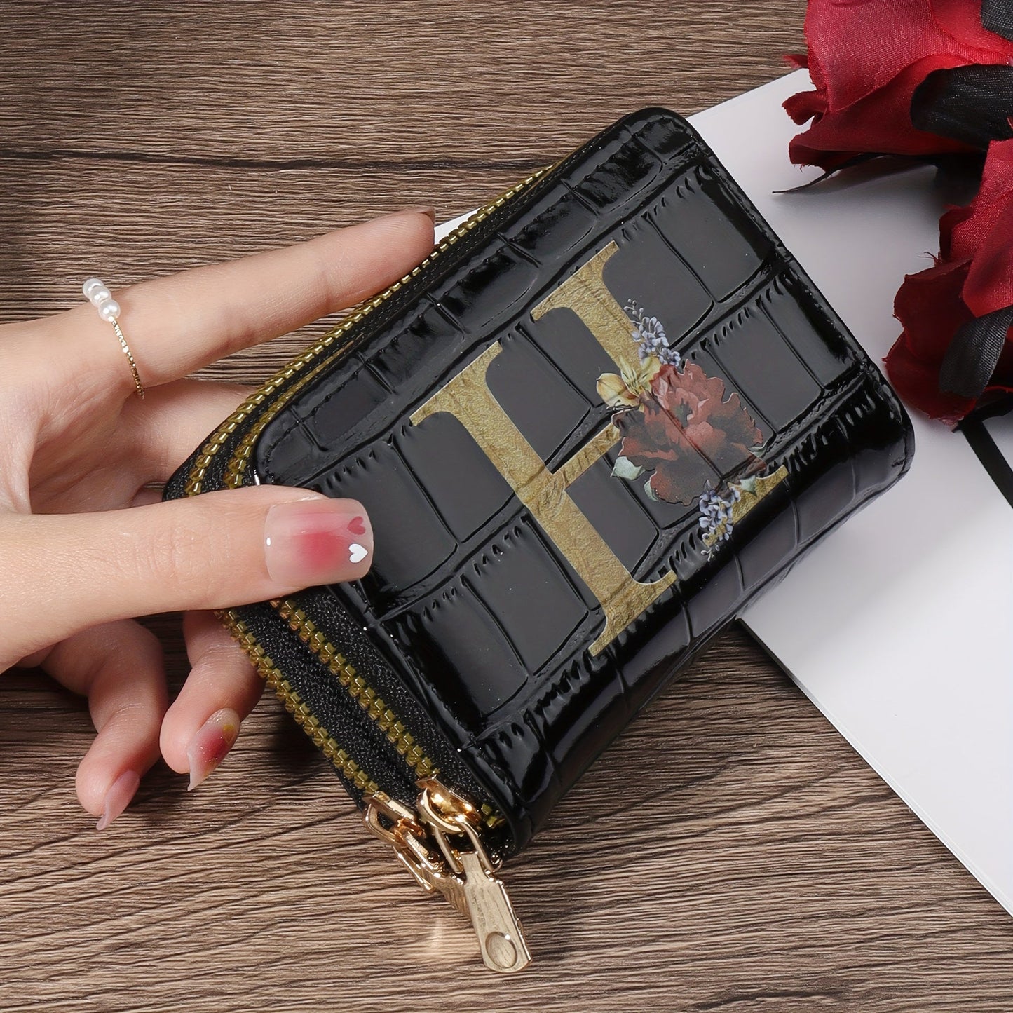 Floral Letter Pattern Credit Card Holder Small Business Card Case For Women Or Men Accordion Wallet With Zipper