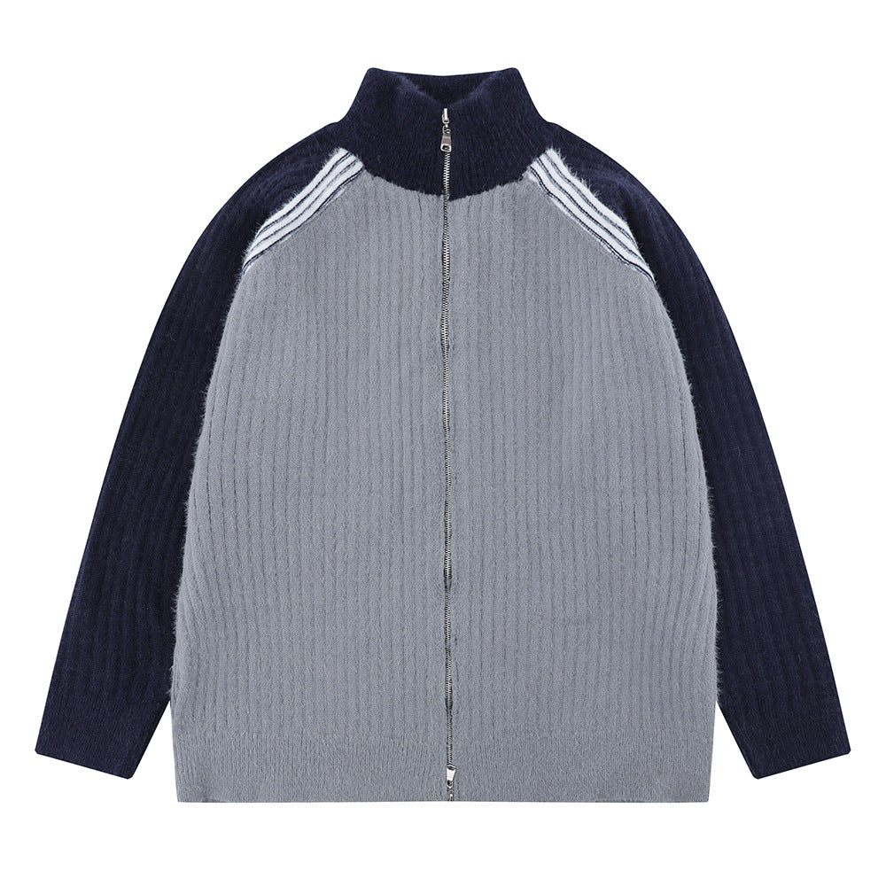 Color Matching Raglan Long Sleeve Stand Collar Sweater Coat