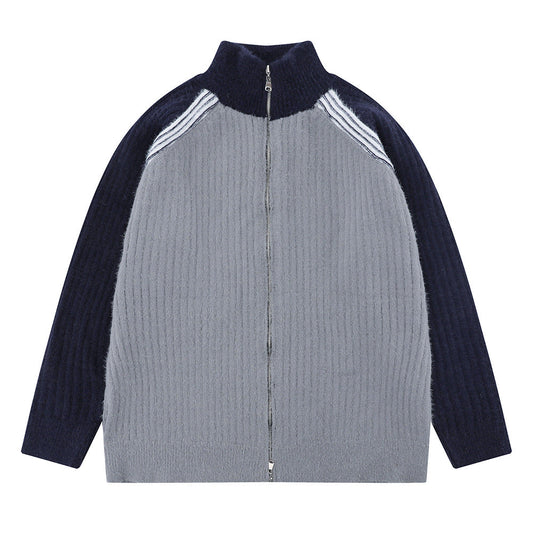 Color Matching Raglan Long Sleeve Stand Collar Sweater Coat