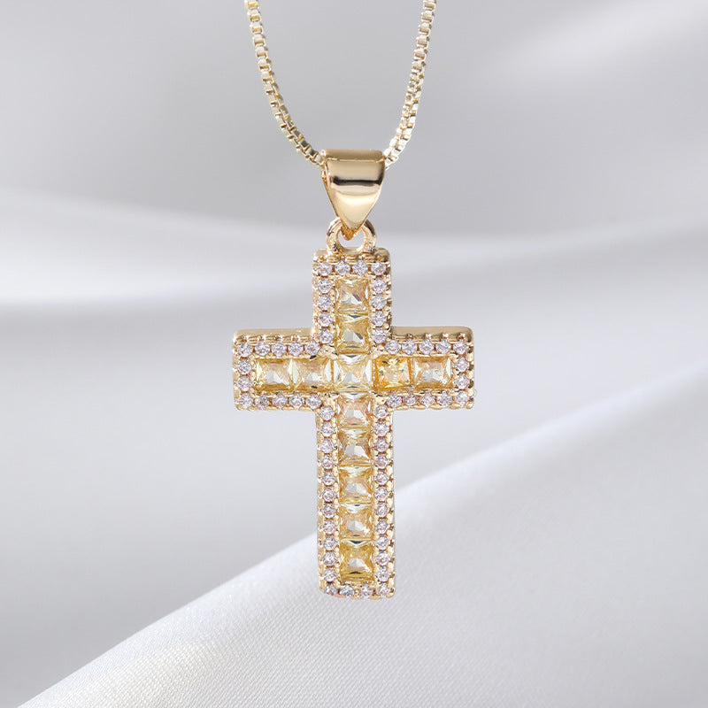 European And American Fashion Copper Micro Inlaid Zircon Cross Necklace Religious Design Hip Hop Style