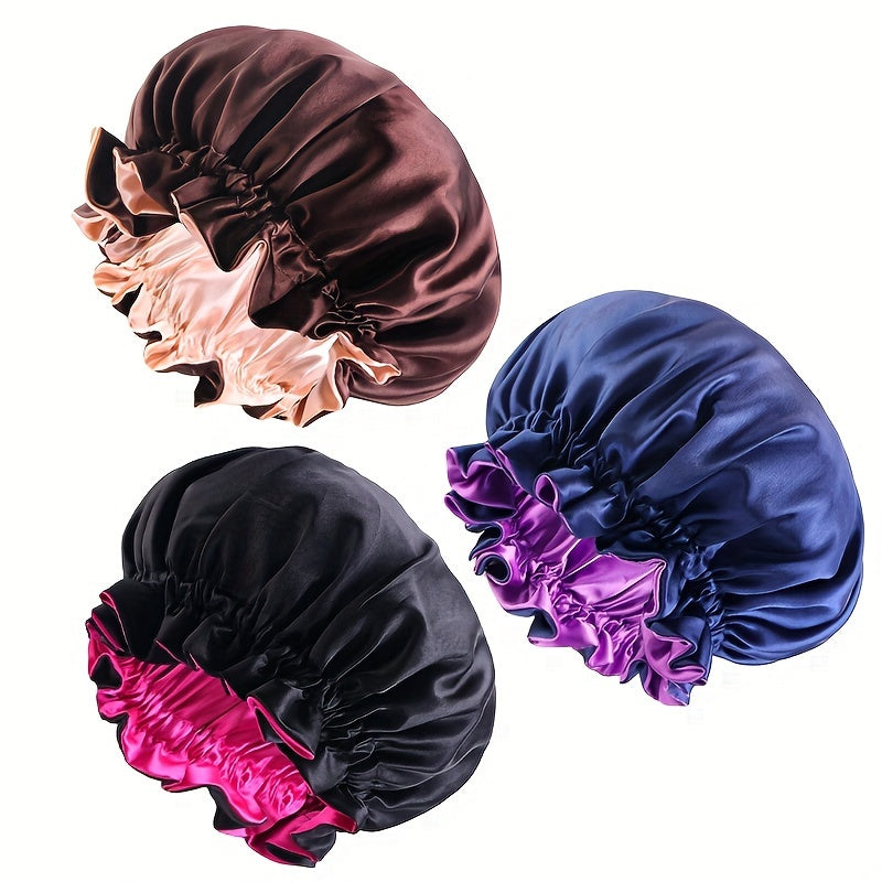 3pcs Set: Luxurious Double-Layer Lace Sleep Cap, Makeup & Shower Hat - Soft Polyester Silk-Like Hair Care Bonnet