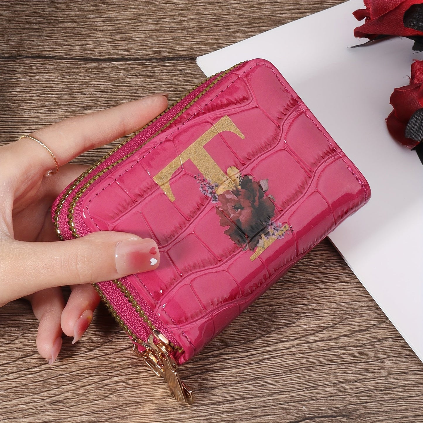 Floral Letter Pattern Credit Card Holder Small Business Card Case For Women Or Men Accordion Wallet With Zipper