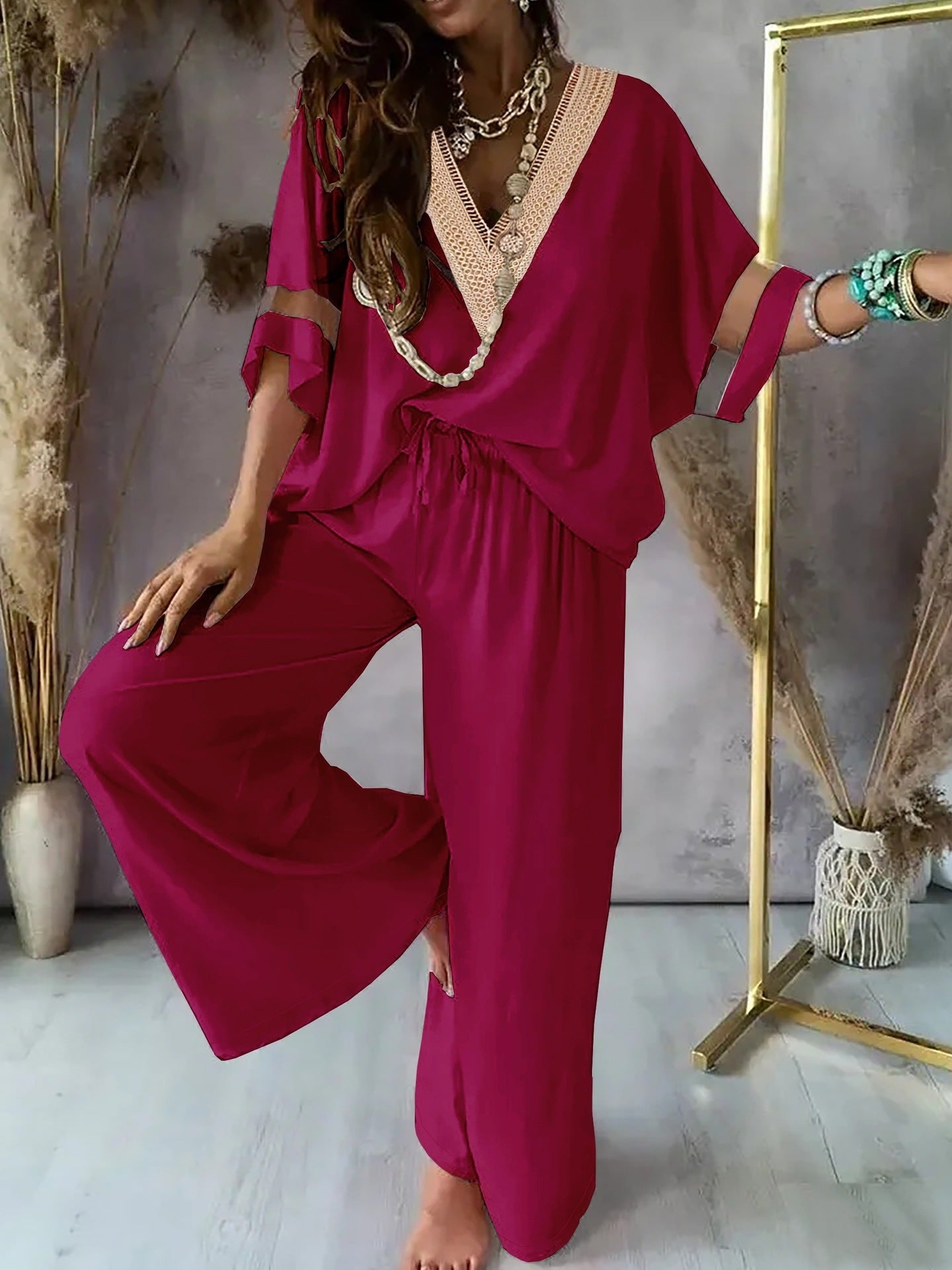 Women's Retro Casual Fashion Solid Color And V-neck Wide Leg Pants Two-piece Set-DKF256