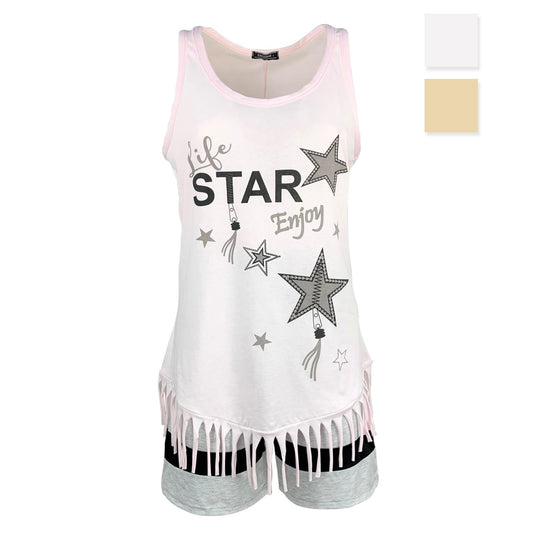 Pigiama corto donna primaverile Character pantaloncino e canotta con frange 4181