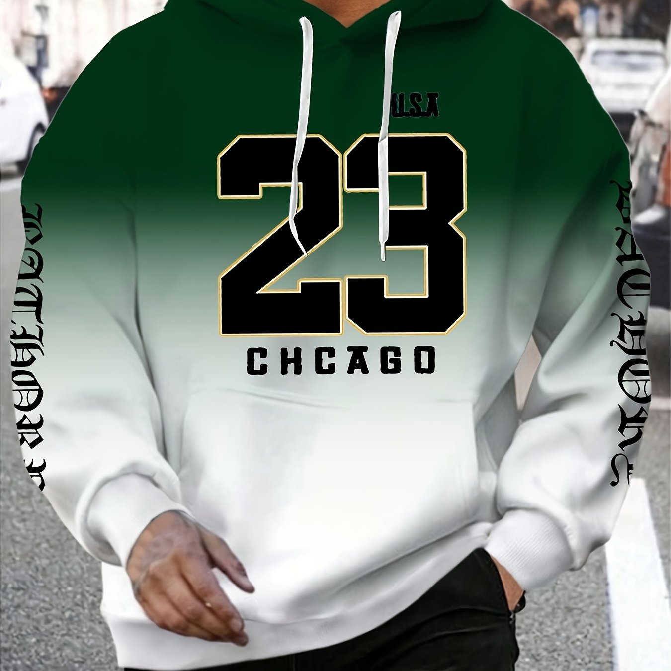 "CHICAGO #58.42cm Print Men's Gradient Hooded Sweatshirt With Kangaroo Pocket, Casual Pullover Tops For Spring Autumn
