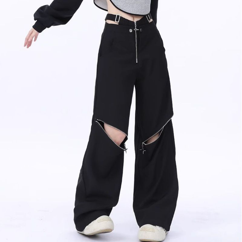 Women's Autumn Retro Multi-zipper Pocket Two-way Design Drawstring Casual Pants