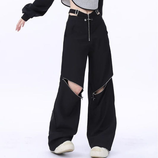 Women's Autumn Retro Multi-zipper Pocket Two-way Design Drawstring Casual Pants
