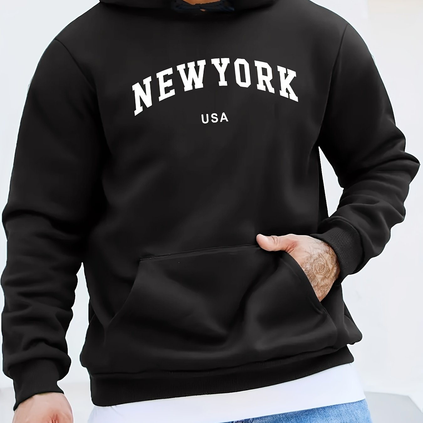 New York Print Kangaroo Pocket Hoodie, Casual Long Sleeve Hoodies Pullover Sweatshirt, Men's Clothing, For Fall Winter