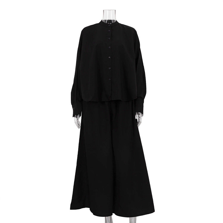Casual Stand-up Collar Long-sleeved Shirt Wide Leg Pants Loose Two-piece Suit