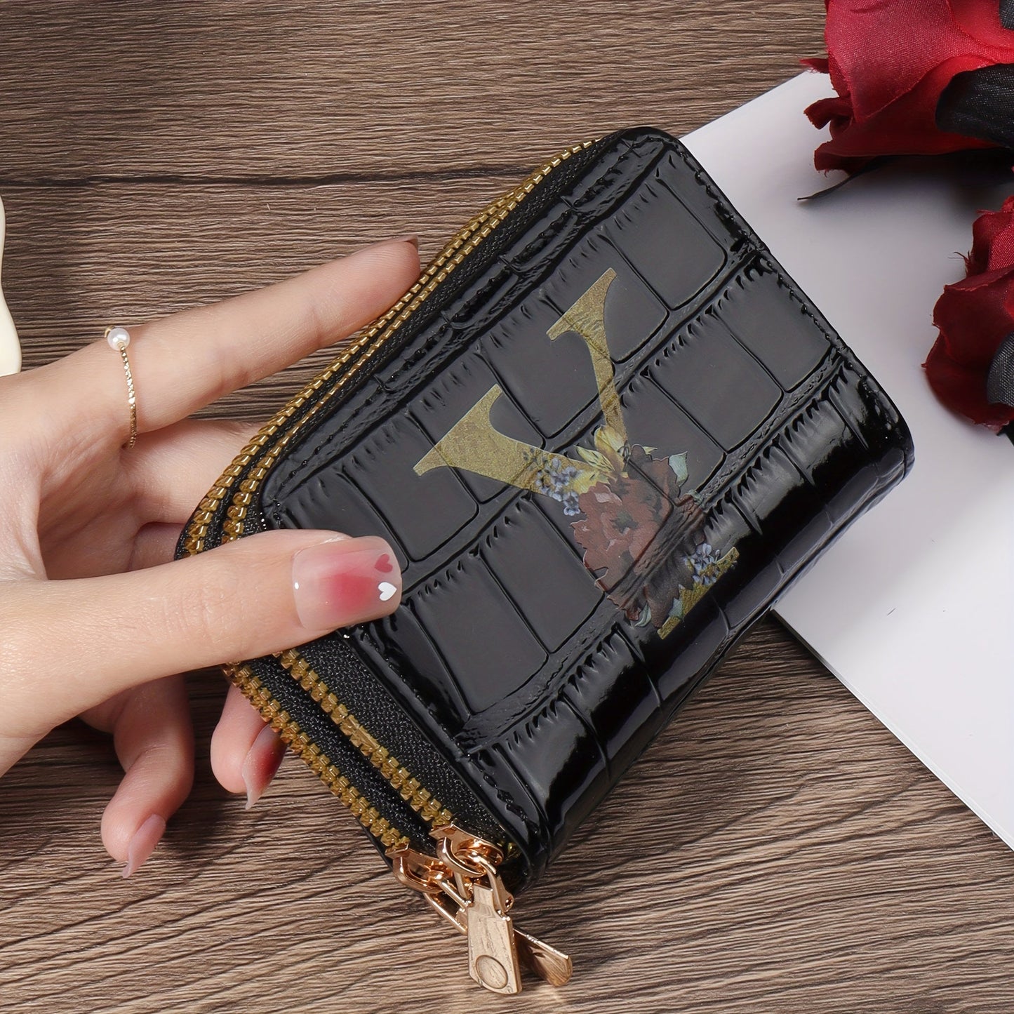 Floral Letter Pattern Credit Card Holder Small Business Card Case For Women Or Men Accordion Wallet With Zipper