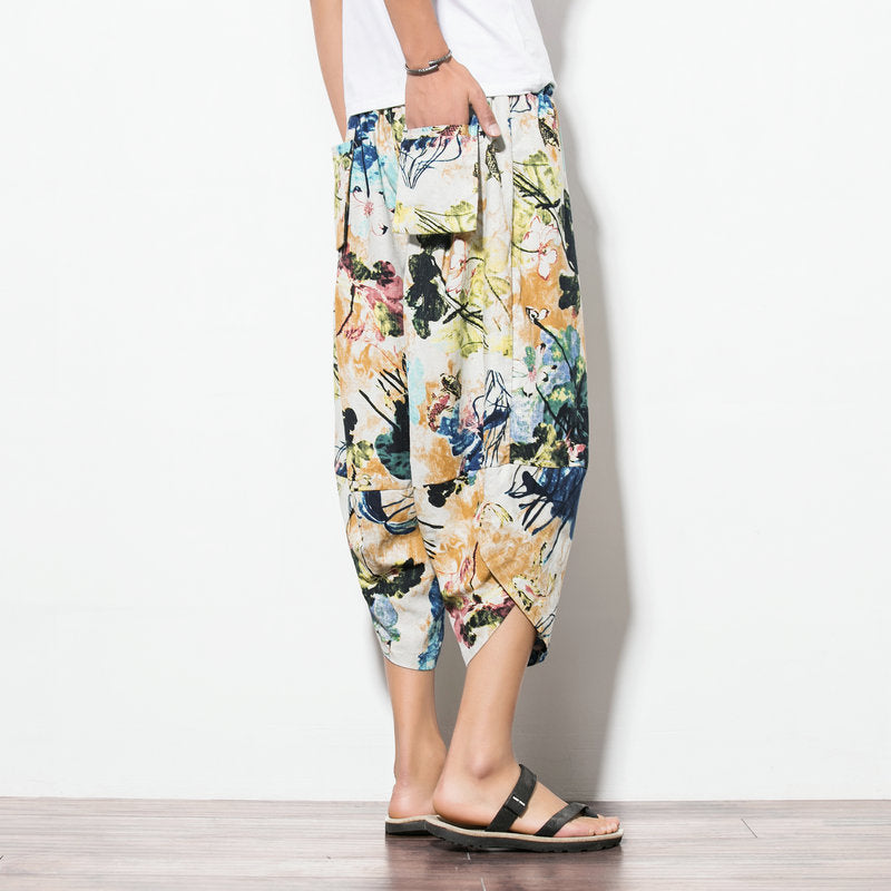 Men's Cropped Tapered Cotton Linen Harem Ethnic Floral Pants