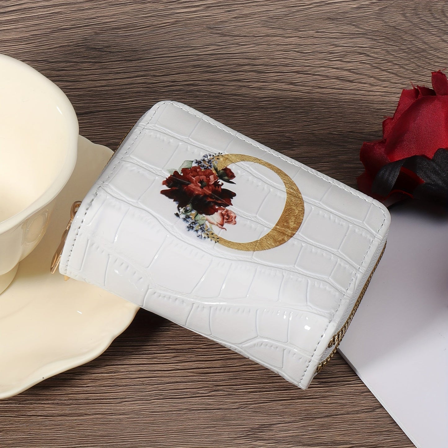 Floral Letter Pattern Credit Card Holder Small Business Card Case For Women Or Men Accordion Wallet With Zipper