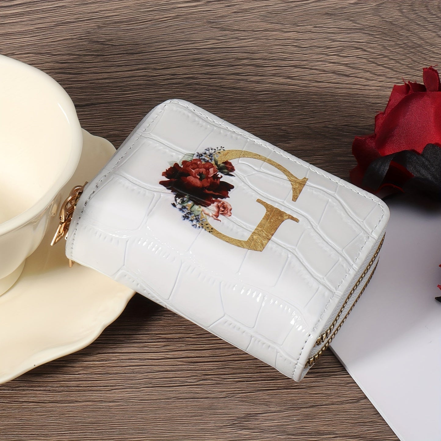 Floral Letter Pattern Credit Card Holder Small Business Card Case For Women Or Men Accordion Wallet With Zipper