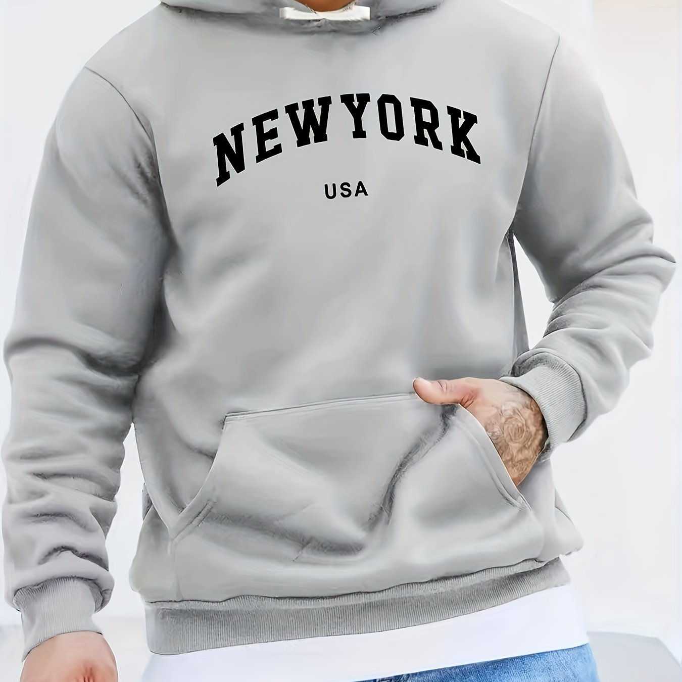 New York Print Kangaroo Pocket Hoodie, Casual Long Sleeve Hoodies Pullover Sweatshirt, Men's Clothing, For Fall Winter