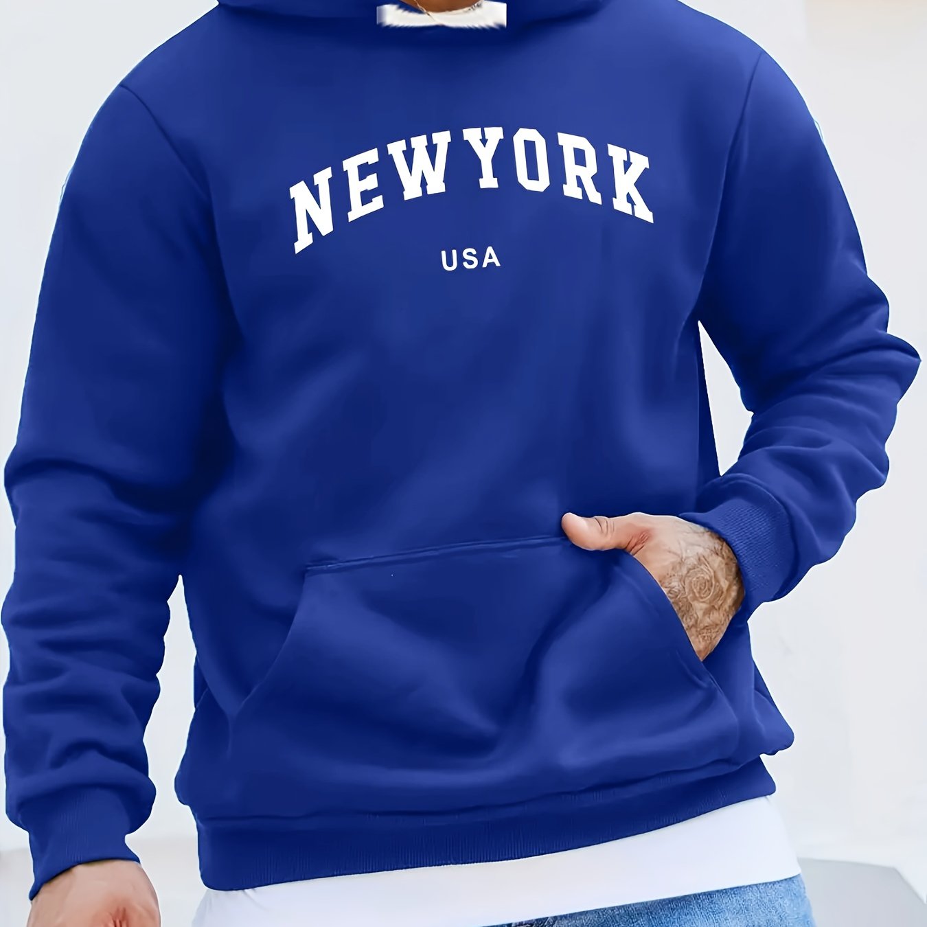New York Print Kangaroo Pocket Hoodie, Casual Long Sleeve Hoodies Pullover Sweatshirt, Men's Clothing, For Fall Winter