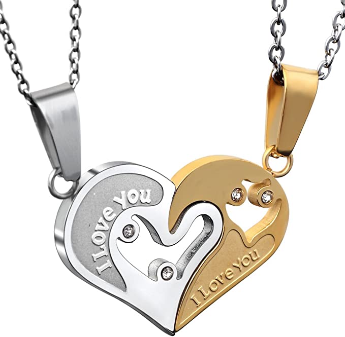 Set 2 Collane Ciondolo Cuore Spezzato Argento e Oro Fidanzati Amore Amicizia Unisex San Valentino