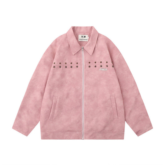 Retro Design Metal Decorative Loose Lapels PU Leather Jacket