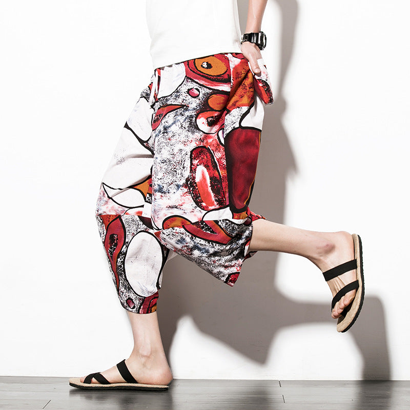 Men's Cropped Tapered Cotton Linen Harem Ethnic Floral Pants