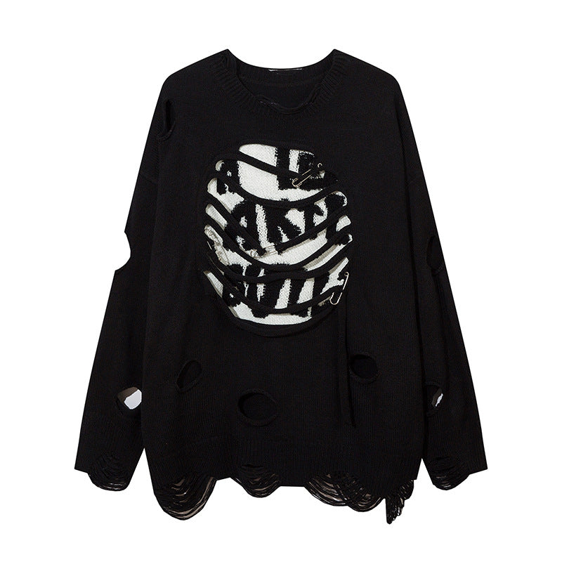 Heavy Industry Ripped Hollow-out Round Neck Sweater Bf Idle Style