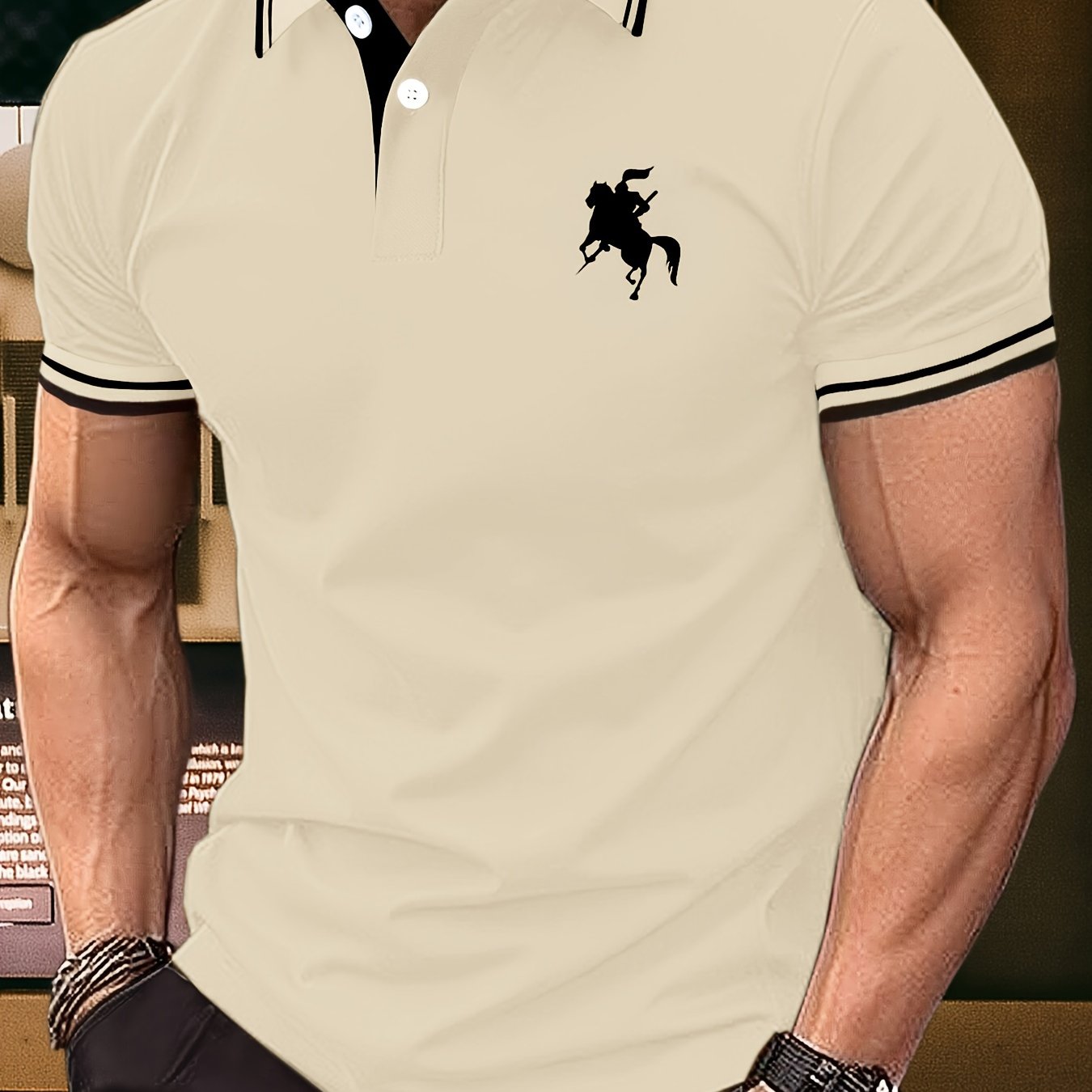Men's Summer Fashion, Horse Riding Knight Pattern Short Sleeve Lapel Collar Henley Shirt, Chic And Trendy Golf Tops For Business And Outdoors Sports Wear