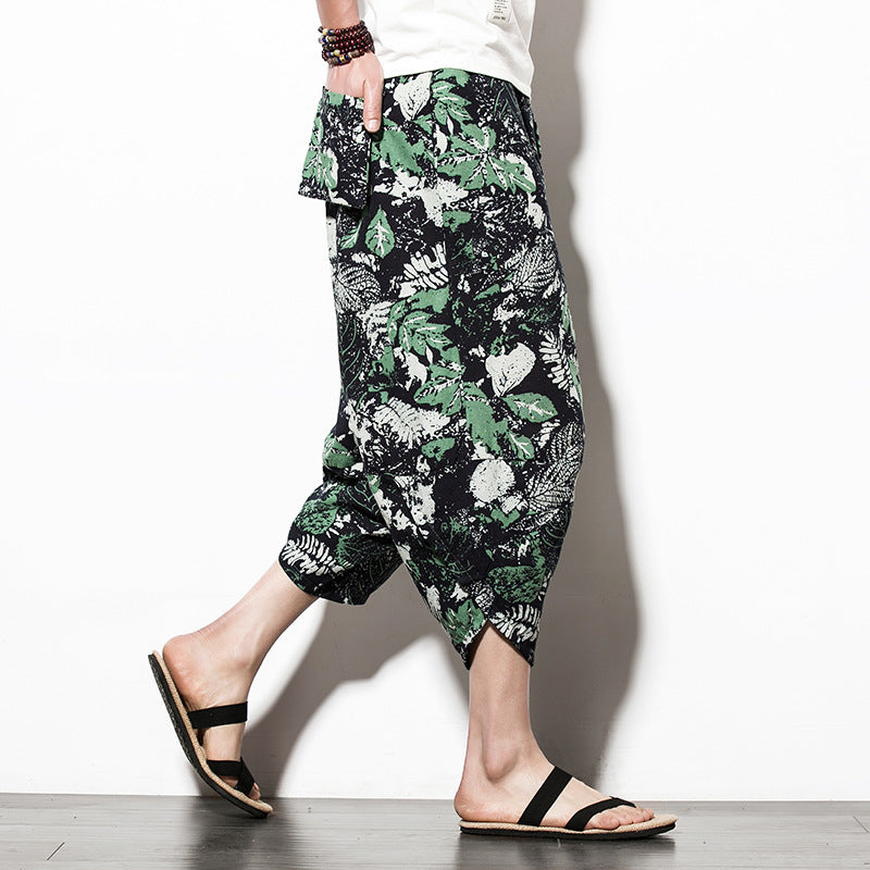 Men's Cropped Tapered Cotton Linen Harem Ethnic Floral Pants