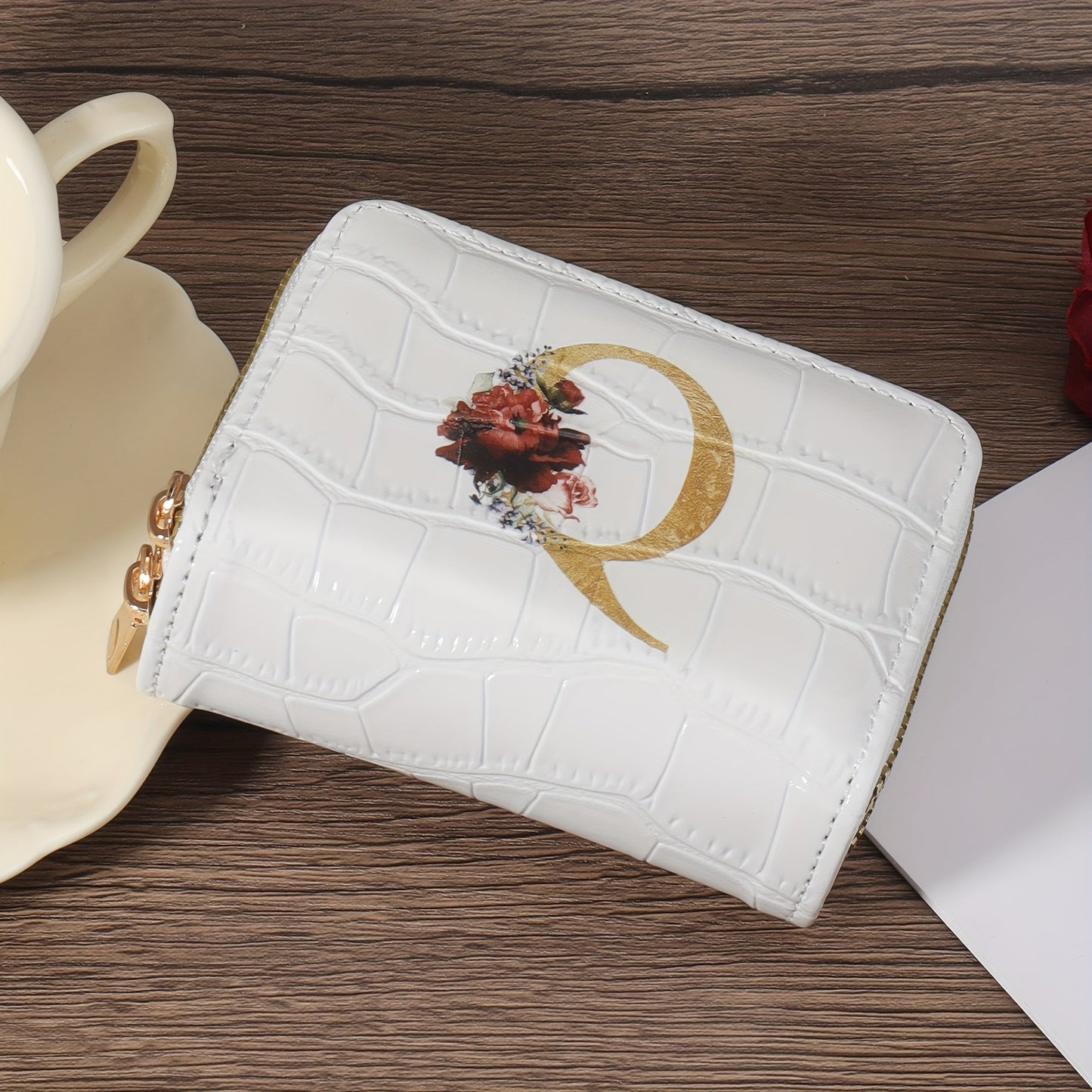 Floral Letter Pattern Credit Card Holder Small Business Card Case For Women Or Men Accordion Wallet With Zipper