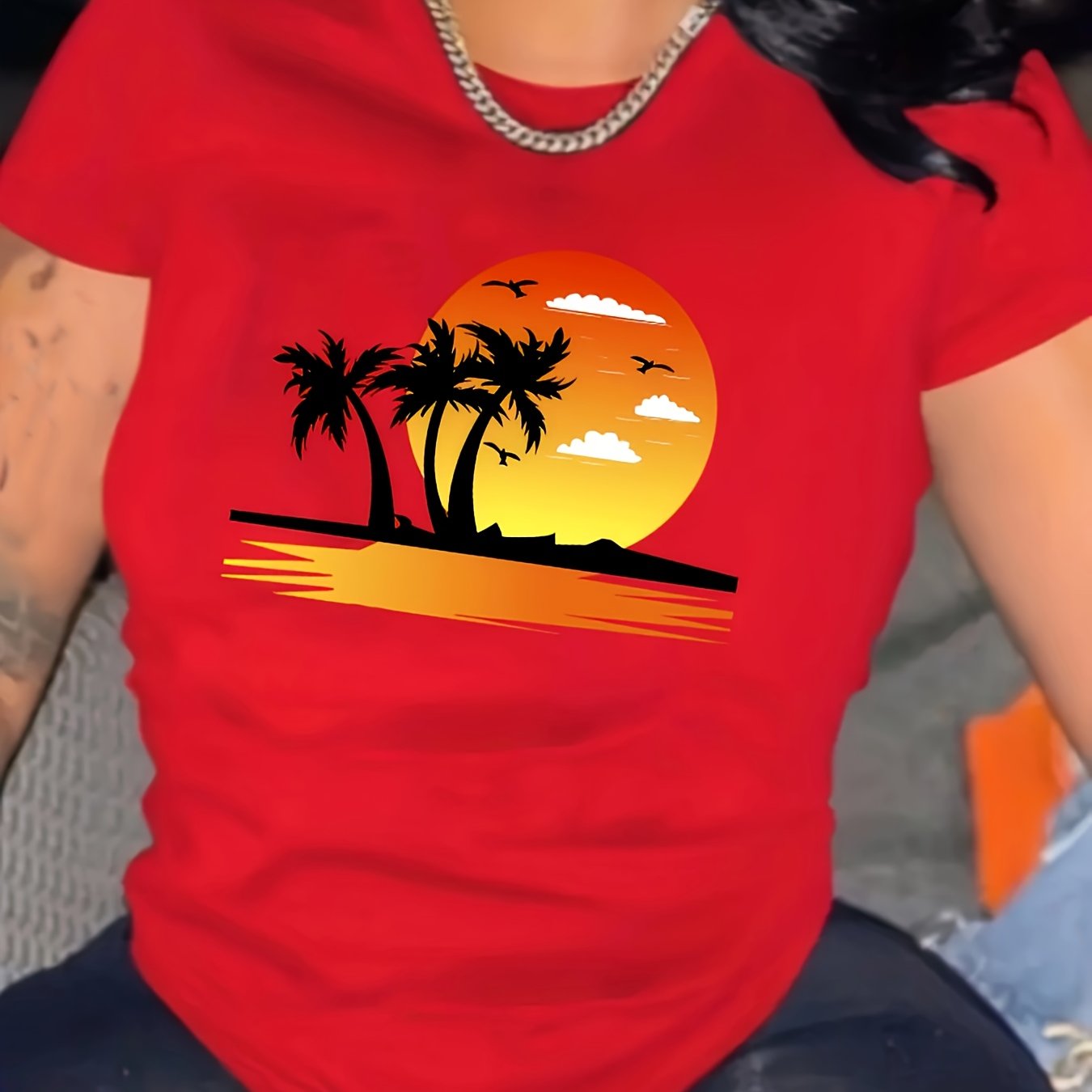 Beach Sunset Print Crew Neck T-shirt, Casual Short Sleeve Top For Spring & Summer, Women's Clothing