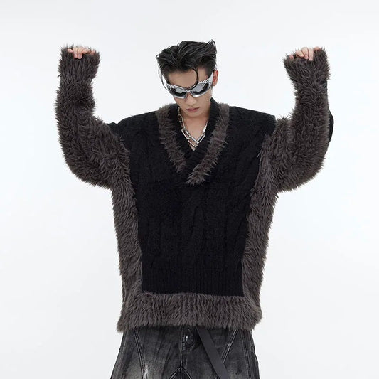 Men's Niche Plush Patchwork Knit Sweater Loose Sweater
