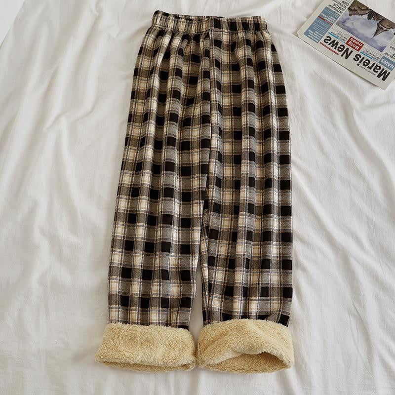 Fleece Cashmere Plaid Wide-leg Casual Pants