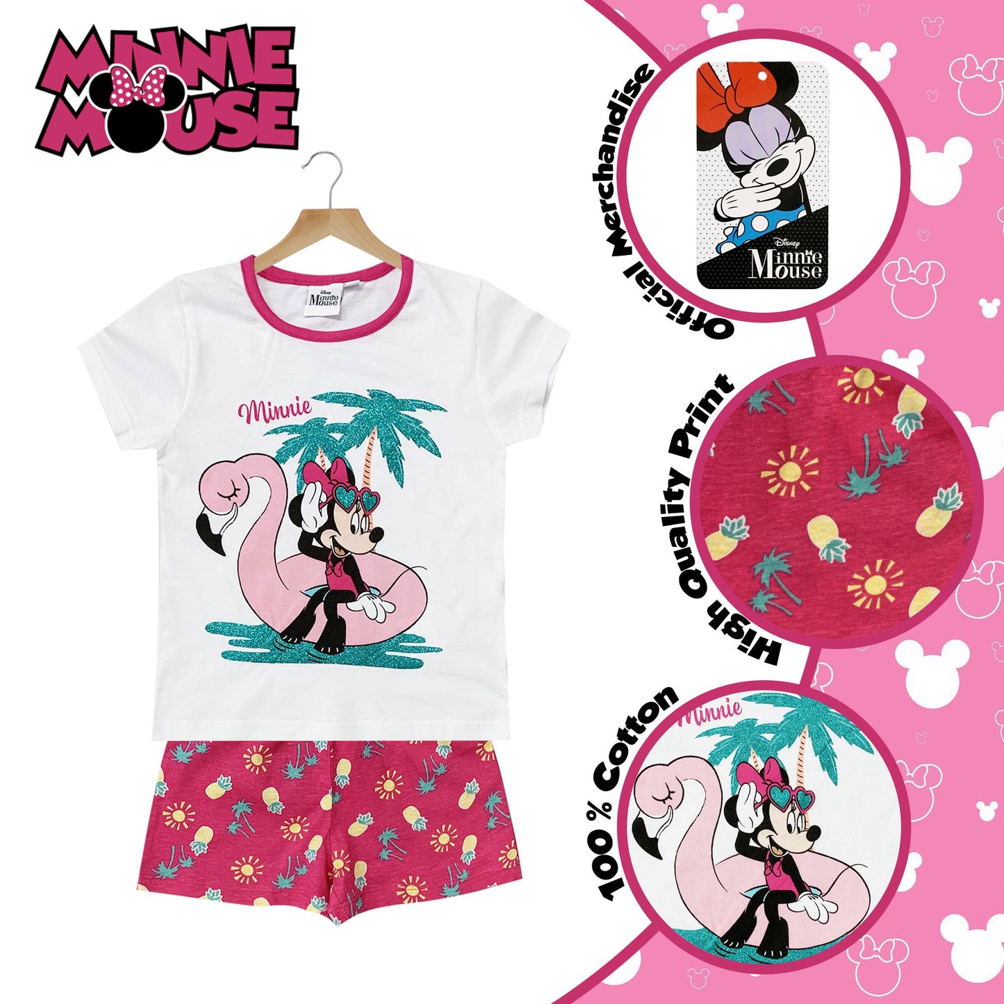 Pigiama bambina Disney Minnie Mouse t-shirt  pantaloncino in cotone glitter 6034