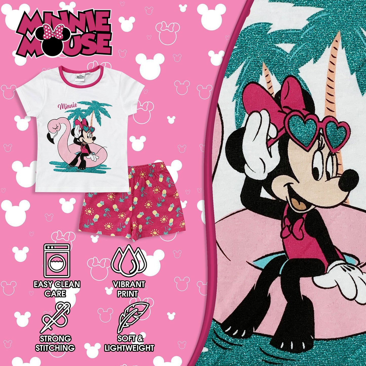 Pigiama bambina Disney Minnie Mouse t-shirt  pantaloncino in cotone glitter 6034