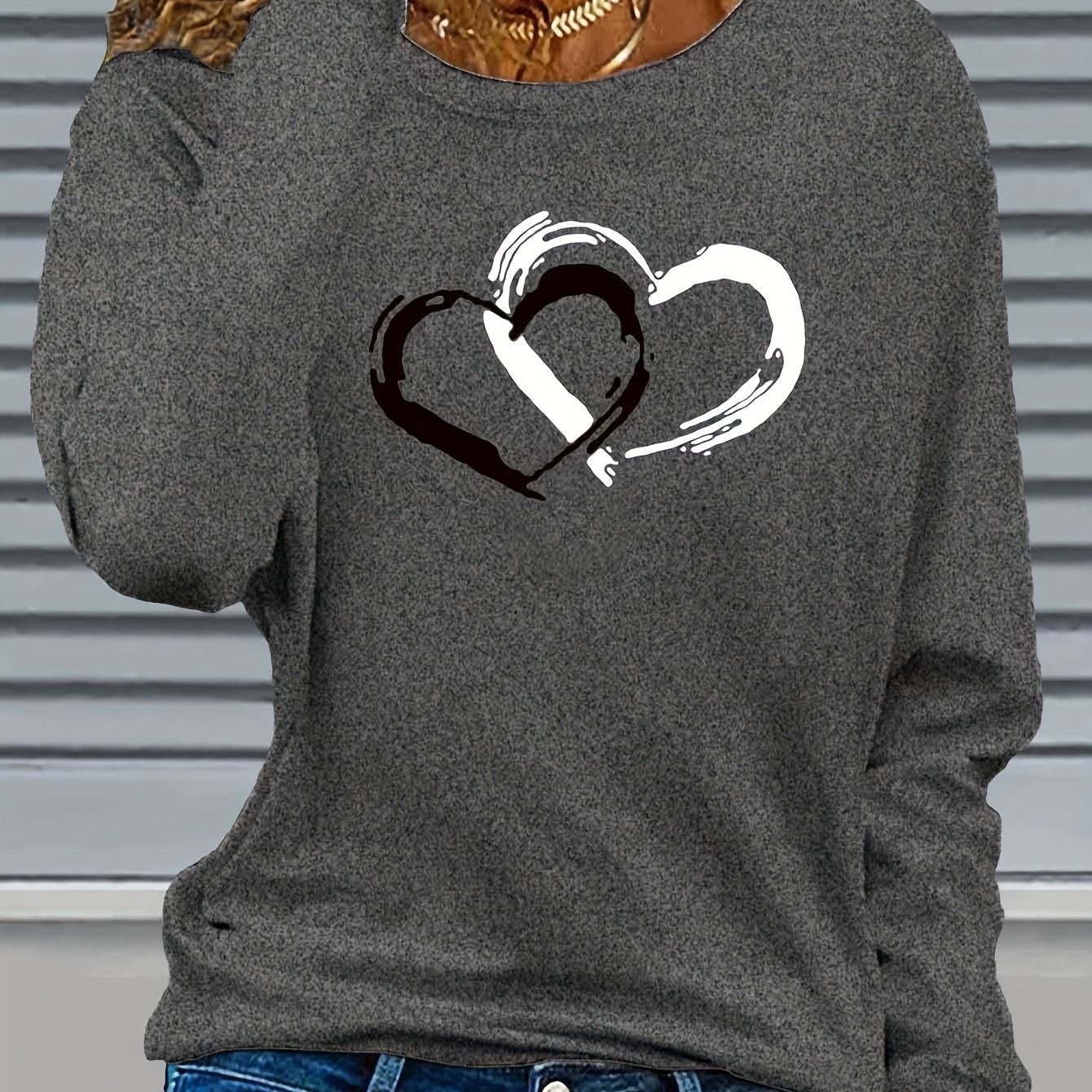 Women'S Long Sleeve T-Shirt with Heart Print, Regular Fit, Stretch Fabric, Round Neck, Casual Style, Polyester, Autumn/Winter Fashion Top