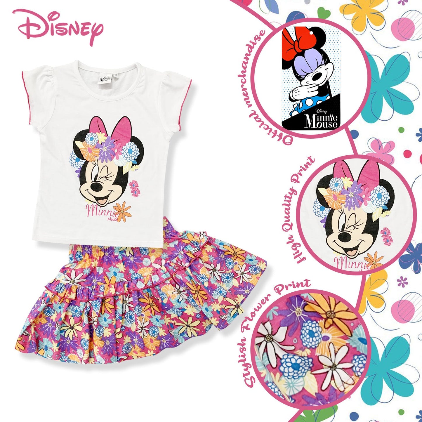 Completo bambina Disney Minnie Mouse estivo t-shirt e gonna in cotone 6167