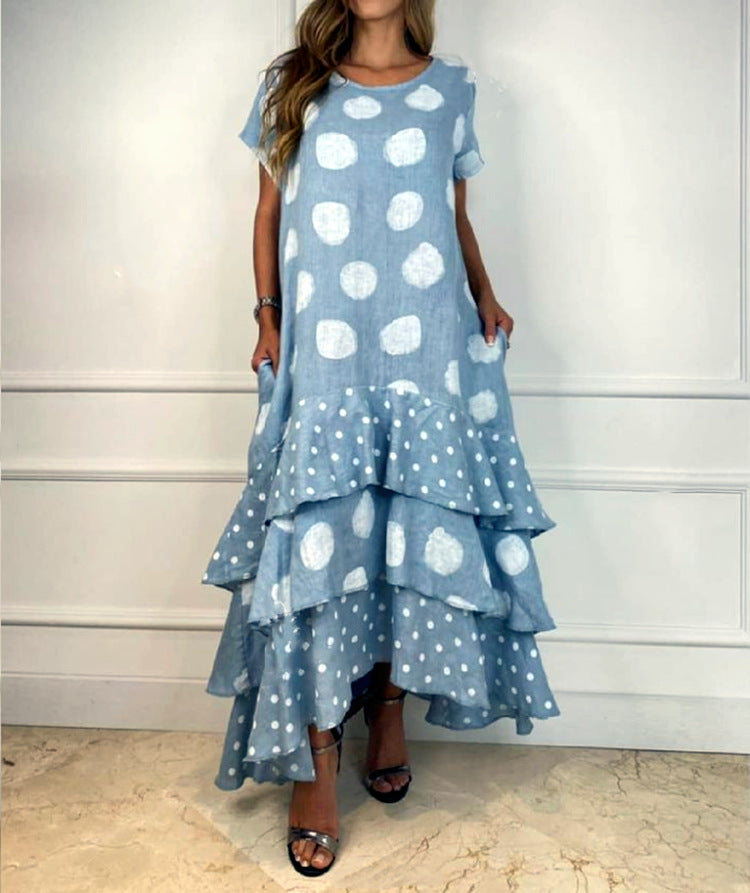 Round Neck Polka Dot Swing Long Dress Women