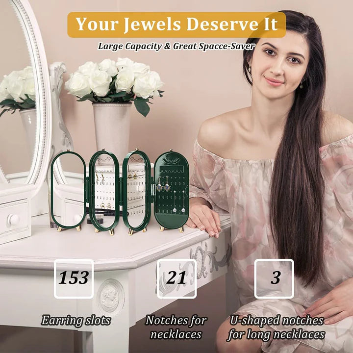Organizer per orecchini da appendere, elegante custodia a specchio, resistente per gioielli da donna, per la casa e per rivenditori, verde, 153 scomparti per orecchini e 24 tacche