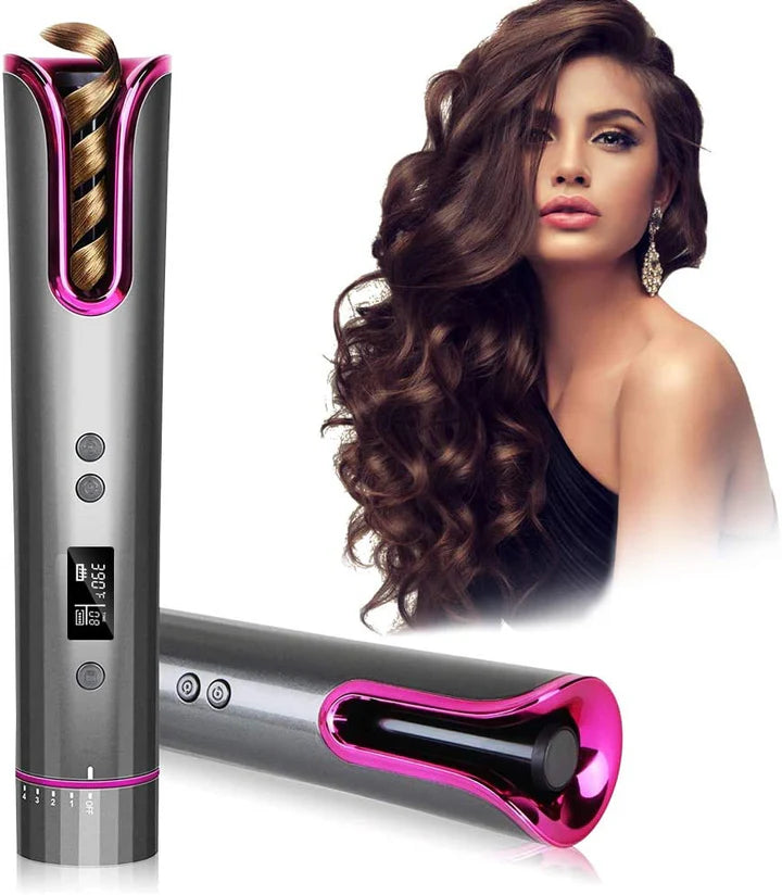 Arricciacapelli Automatico Senza Fili,Ferro Arricciacapelli Professionale Rotante Multifunzione con Antiscottatura,Ricarica USB Ferro Capelli con Display LCD Temperatura e Timer Regolabili