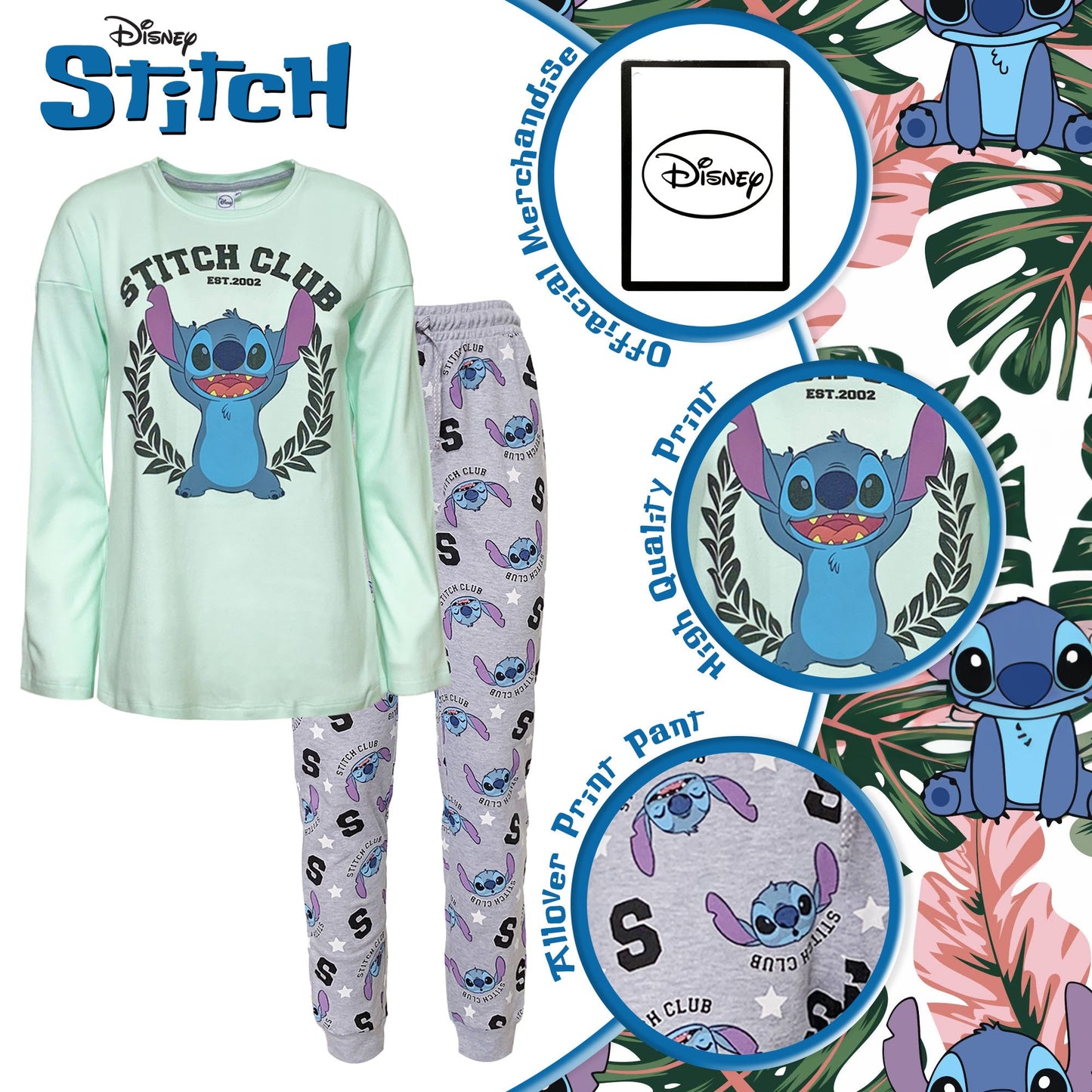 Pigiama lungo donna Disney Lilo e Stitch maglia e pantalone in cotone 6258