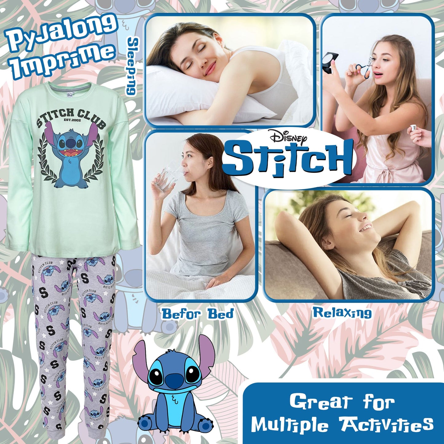 Pigiama lungo donna Disney Lilo e Stitch maglia e pantalone in cotone 6258