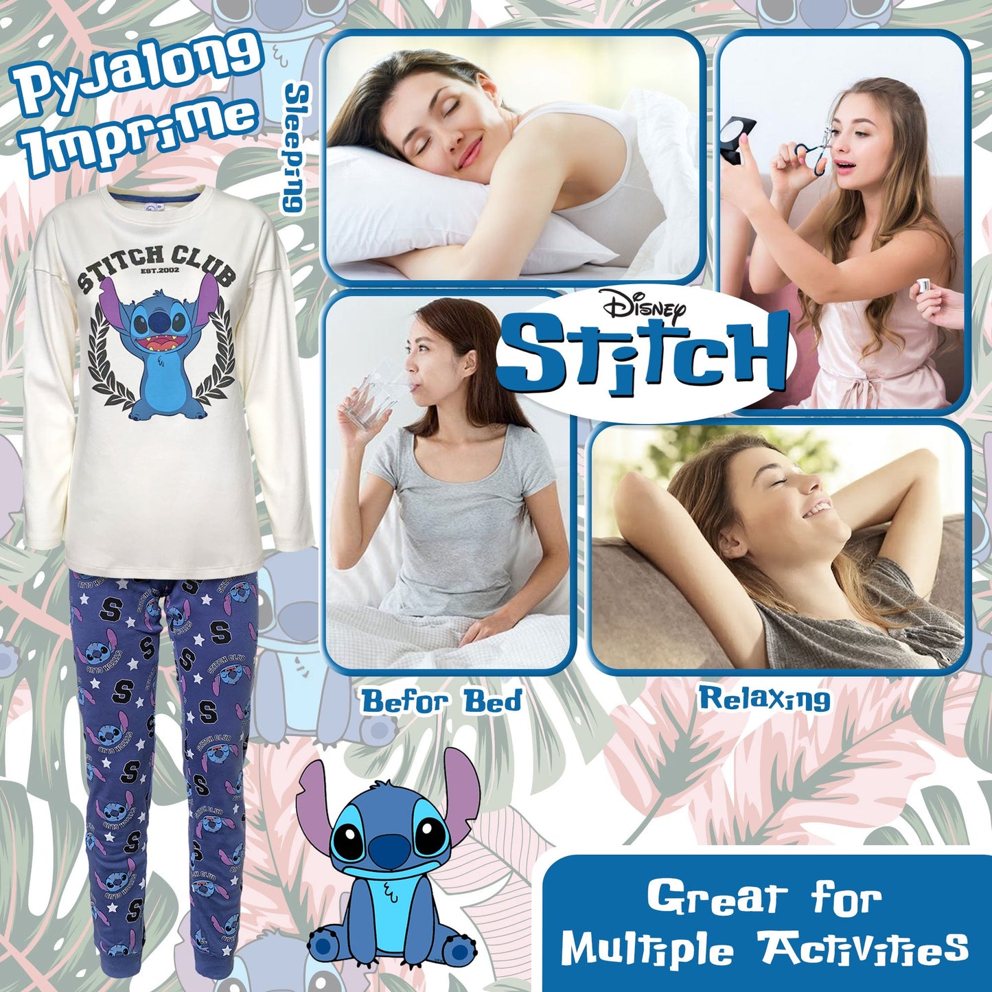 Pigiama lungo donna Disney Lilo e Stitch maglia e pantalone in cotone 6258