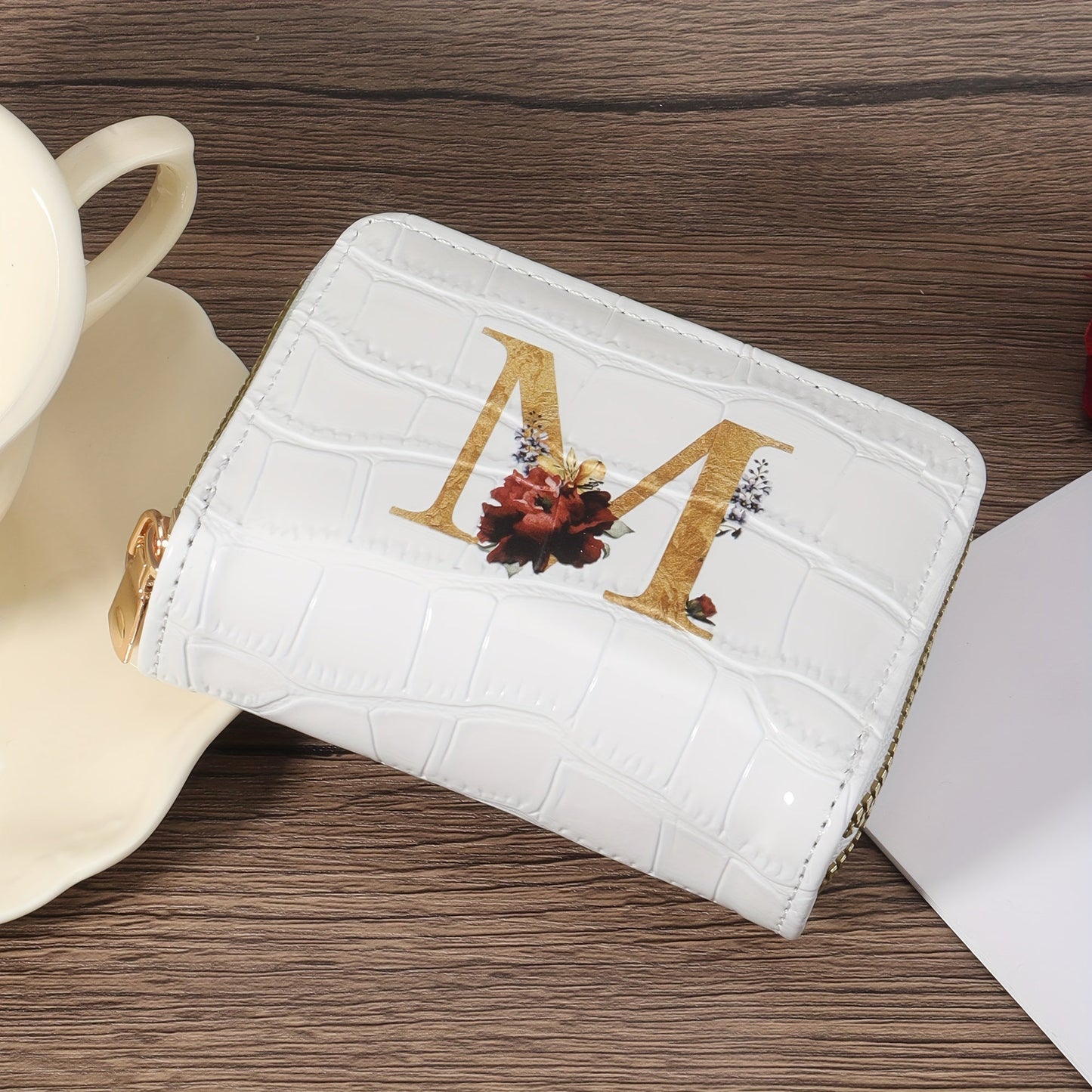 Floral Letter Pattern Credit Card Holder Small Business Card Case For Women Or Men Accordion Wallet With Zipper