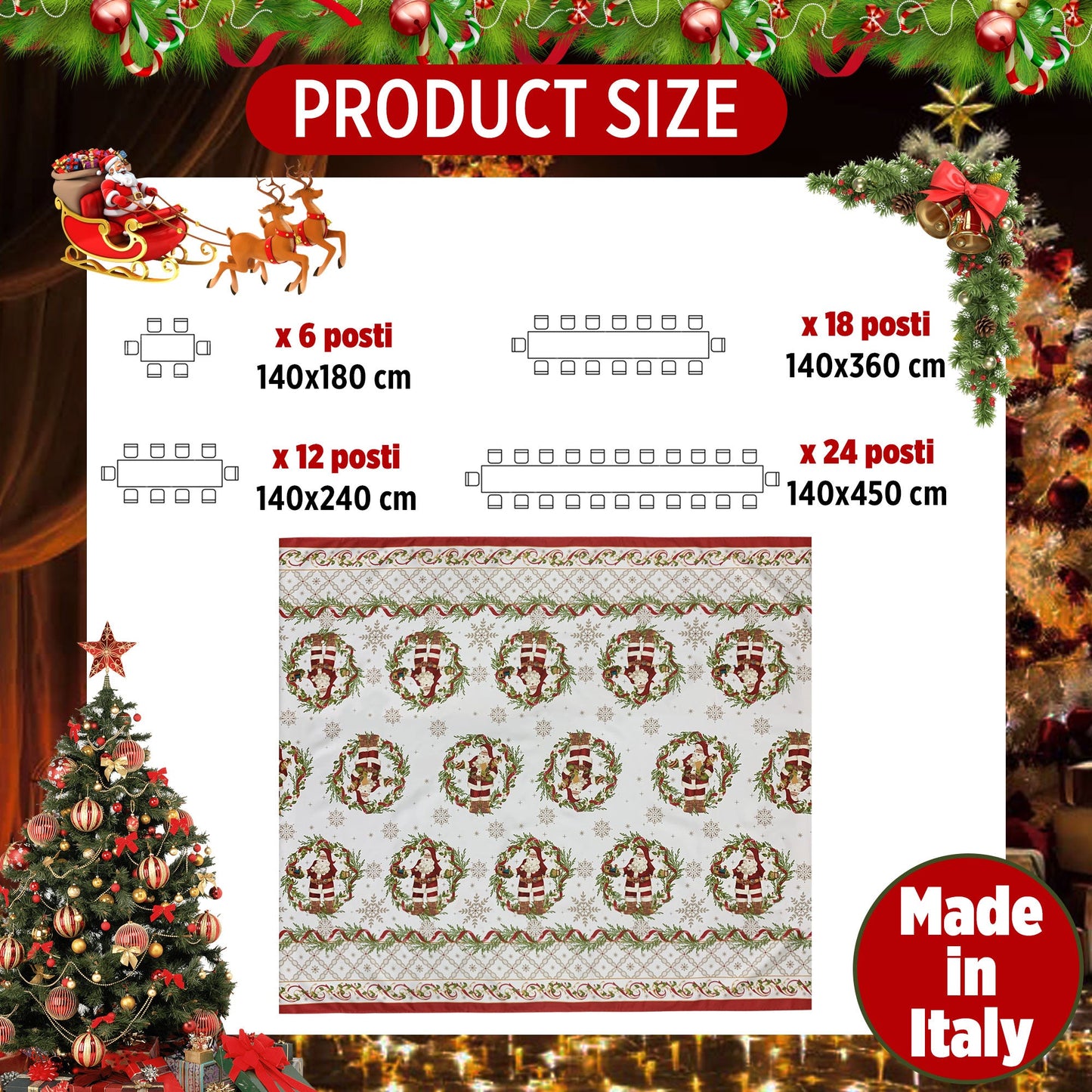 Tovaglia Natalizia in rasatello stampata Preziosa Home 12 posti Natale 6382