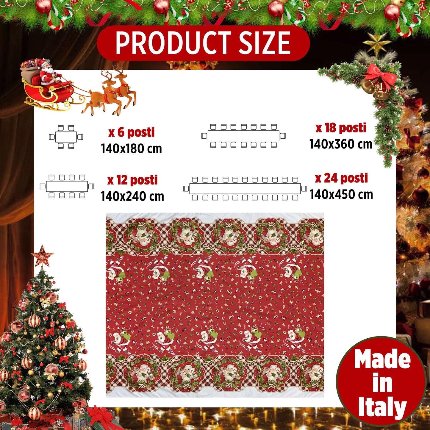 Tovaglia Natalizia in rasatello stampata Preziosa Home 12 posti Natale 6382