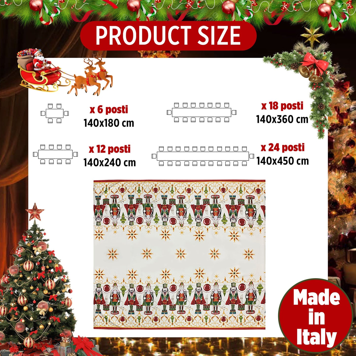 Tovaglia Natalizia in rasatello stampata Preziosa Home 24 posti Natale 6386